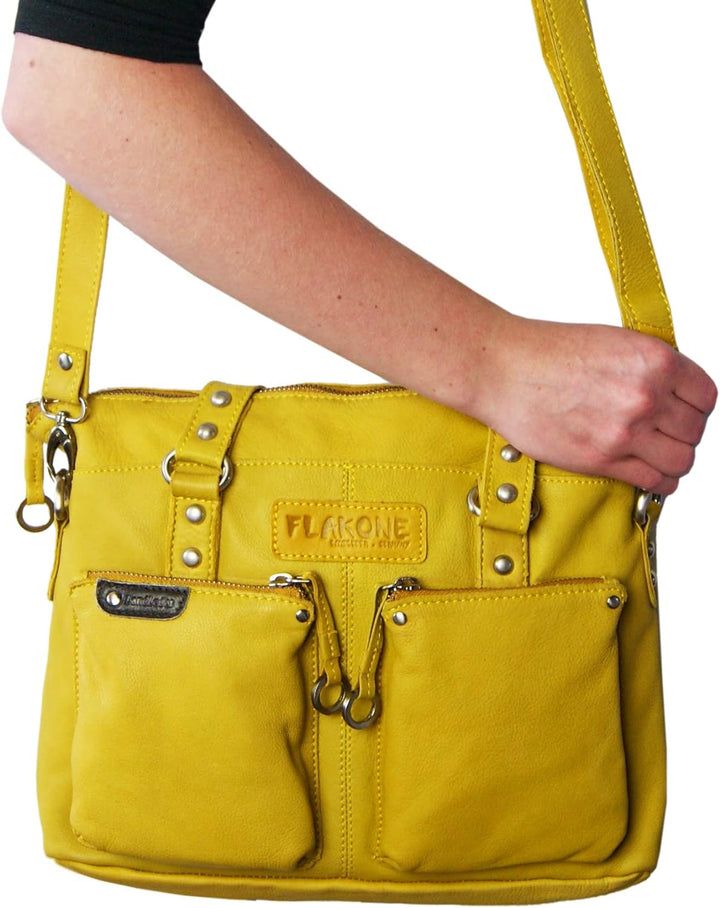 LL Baron of MALTZAHN Damen Schultertaschen FLAKONE Yellow-Corn Shopper-718 aus Leder incl. Lederpfle