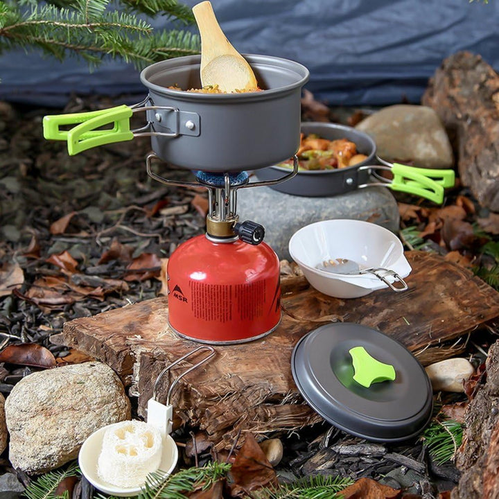 Qtiwe 10-Teilig Cookware Kit Picknick Töpfen Kochgeschirr Campinggeschirr Set für 1-2 Personen zum C