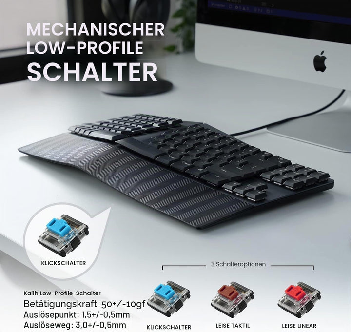 Perixx PERIBOARD335BL Kabelgebundene ergonomische mechanische kompakte Tastatur – Flache Blaue Klick
