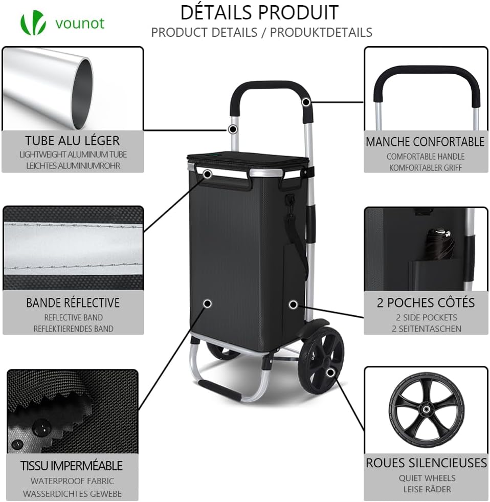 VOUNOT® Einkaufstrolley Klappbar aus Aluminium mit 58L Wasserdichter Tasche und Kühlfach, 2 Extra gr