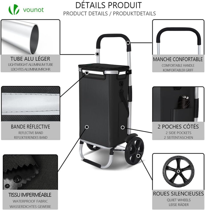 VOUNOT® Einkaufstrolley Klappbar aus Aluminium mit 58L Wasserdichter Tasche und Kühlfach, 2 Extra gr