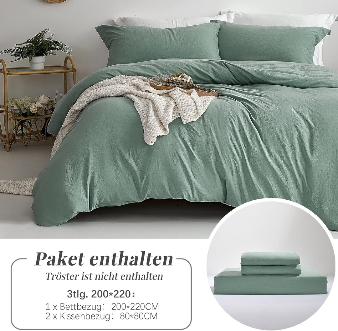 MILDLY Bettwäsche 200x220 Salbeigrün 3 Teilig, 100% Microfaser Einfarbig Bettwäsche-Set mit 2 Kissen
