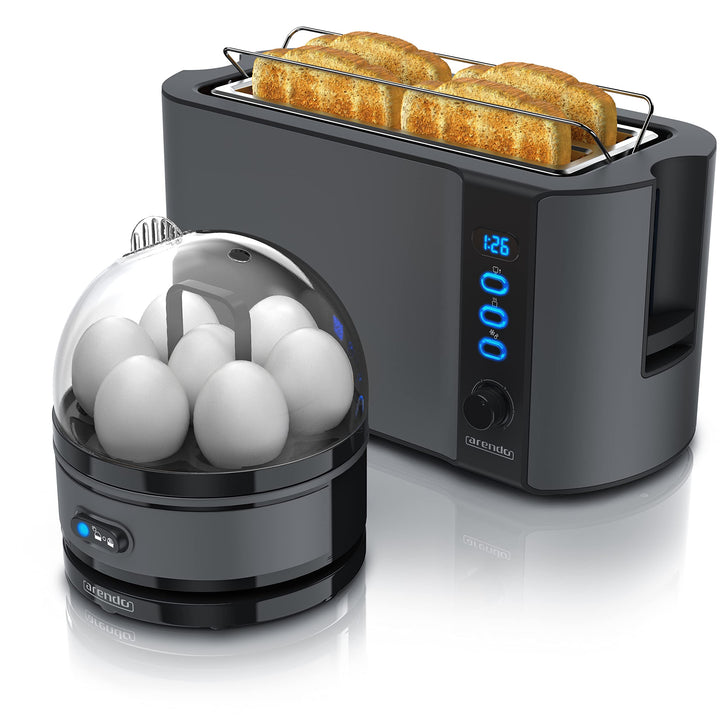 Arendo - SET Toaster FRUKOST mit Eierkocher SEVENCOOK Edelstahl Grau, Toaster 4 Scheiben, LED-Displa