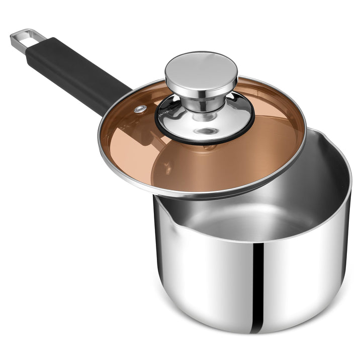 Herogo Stainless Stielkasserolle 18cm, Dreifach-Edelstahl- Milchtopf mit Glasdeckel, kleiner Kochtop