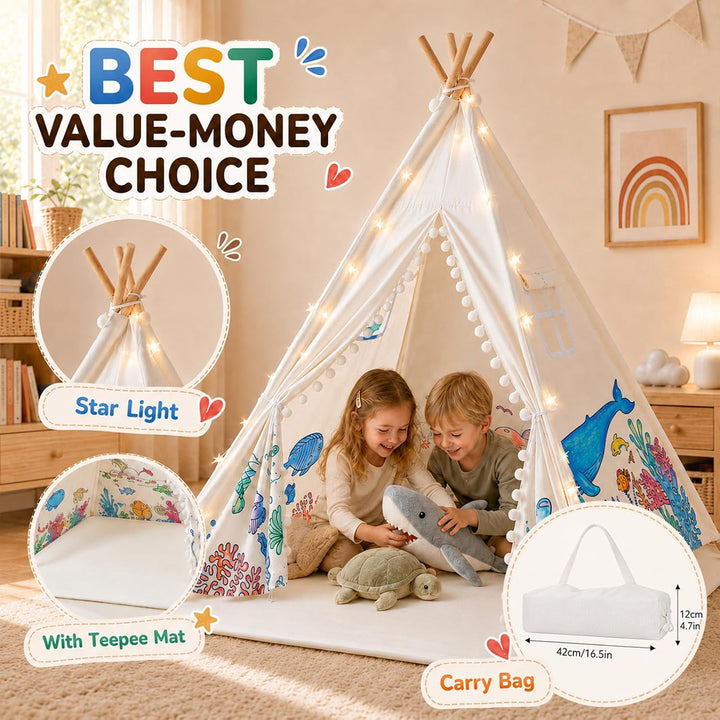 DIY Tipi Zelt für Kinder Indoor mit 12 Pinsel+Lichterkette+Tasche, 120x160cm Waschbar Kinder Zelt Ti