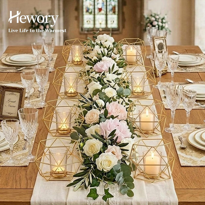 Hewory Teelichthalter Gold Geometrische Metall: 12er Set Teelichthalter Glas Windlicht Goldene Tisch