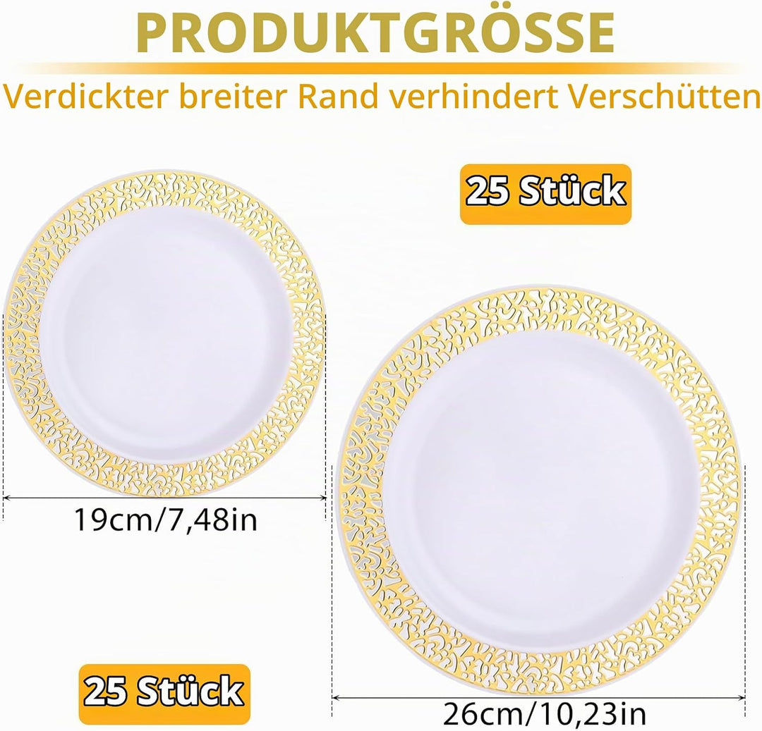 AKOLAFE 50 Weisse Plastikteller mit Goldrand, 2 Grössen Mehrweg Kunststoffteller 19cm und 26cm Stabi