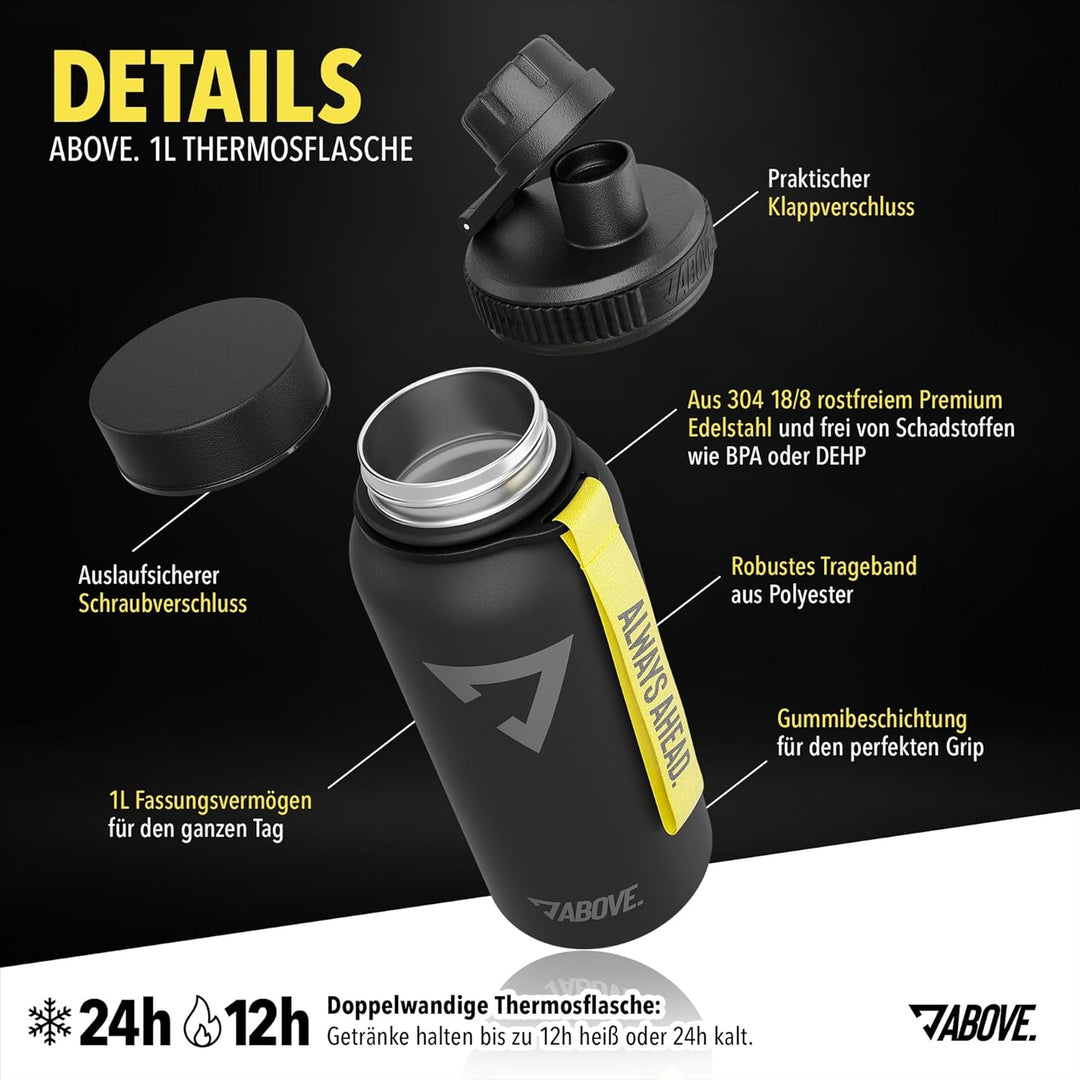 ABOVE. Trinkflasche Edelstahl 1L I Gratis Trinkverschluss I BPA-FREI I Thermosflasche hält bis zu 12
