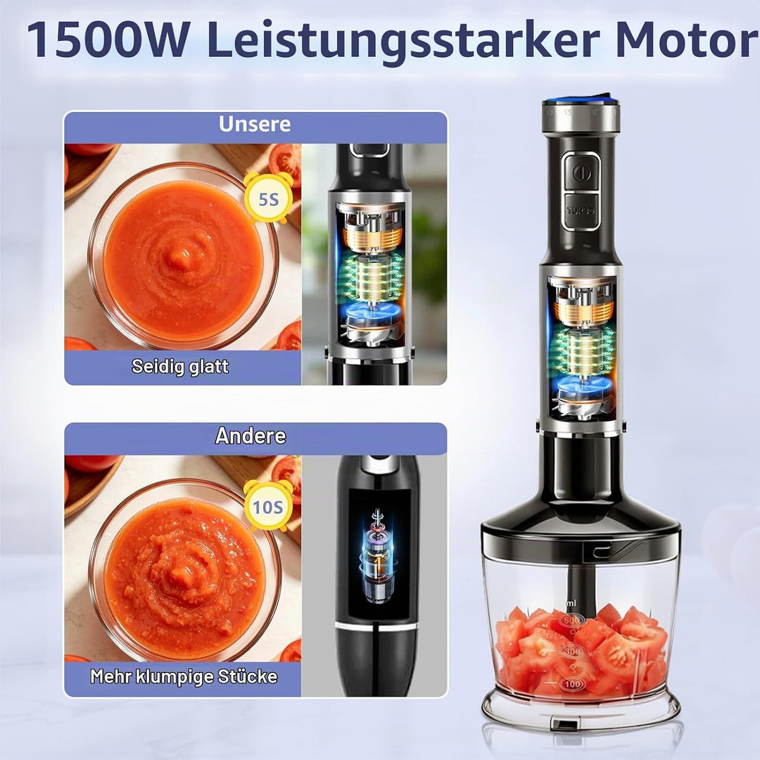 1500W Stabmixer, 4-in-1 Pürierstab, 25 Geschwindigkeitsstufen &amp; Turbo-Stabmixer Set mit Schneebesen,