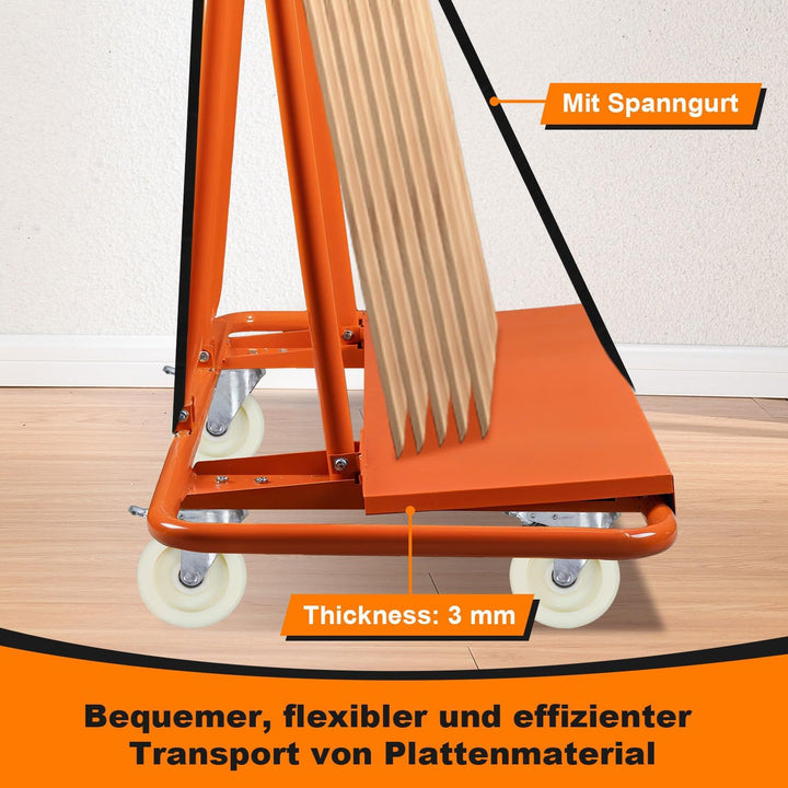 Plattenwagen 1000 kg, 4 Lenkrollen mit Bremsen, Spanngurt