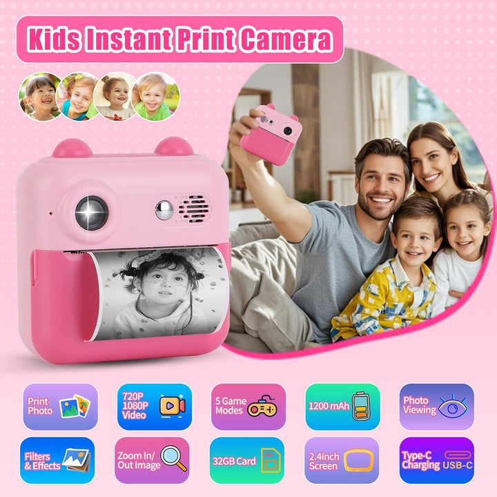 Gugxiom Instant Camera Children, Digitalkamera Kinder with 32GB Card & Printing Paper, Thermopapier