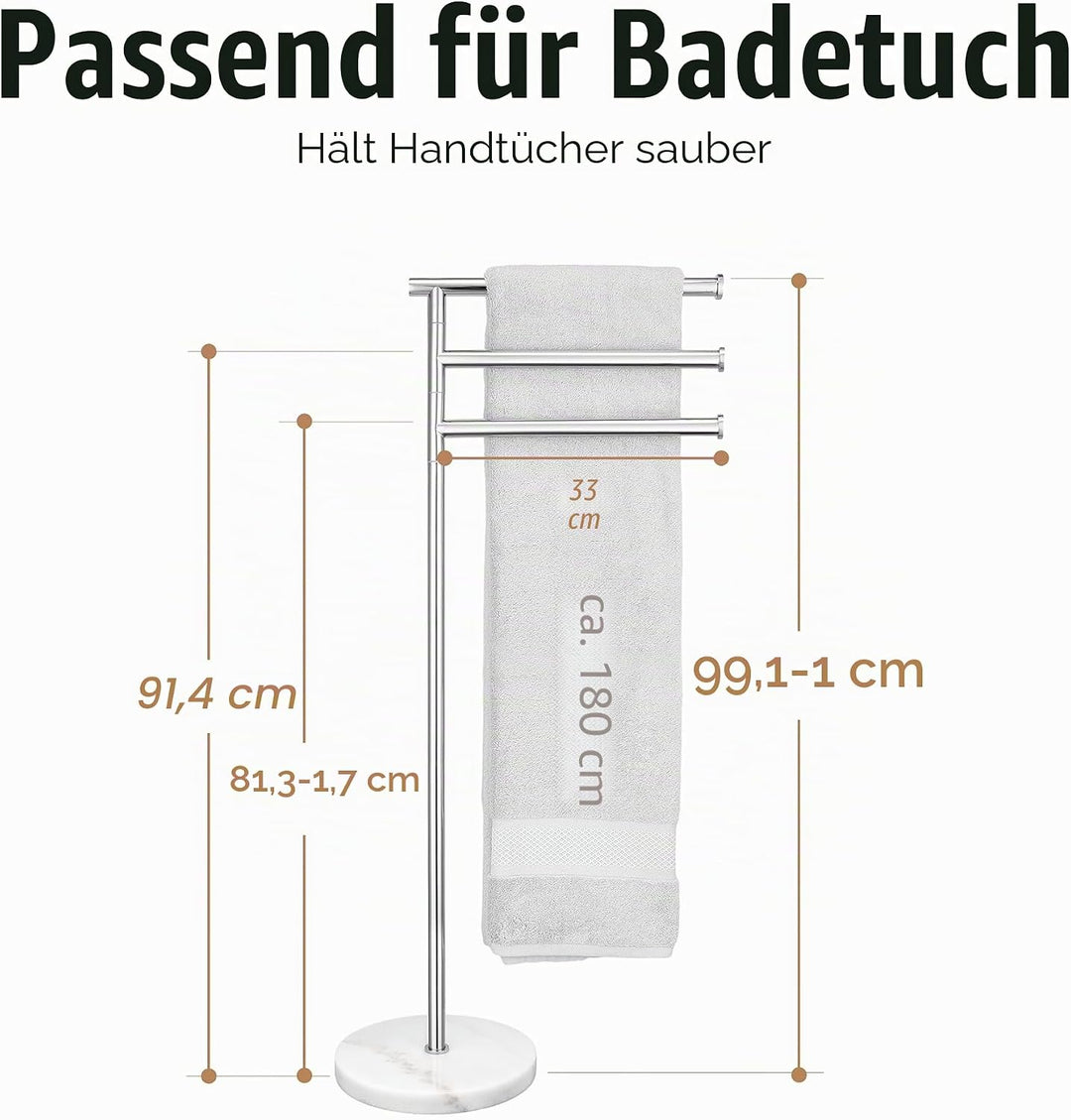 KES Handtuchhalter Stehend, Badetuchhalter 3 Armig Schwenkbar Handtuchständer Freistehend Edelstahl