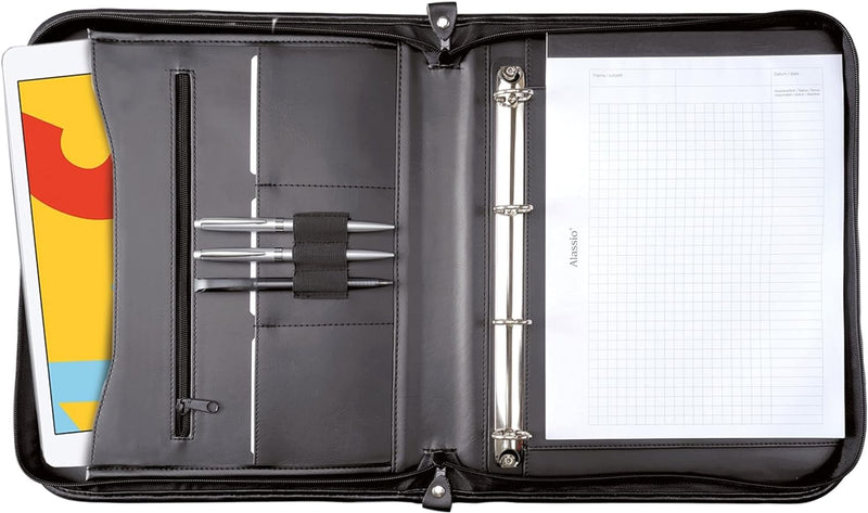 Alassio 30014 - Ringbuchmappe Limone, DIN A4, aus Leder, schwarz, ca. 36 × 28,5 × 4 cm Single, Singl