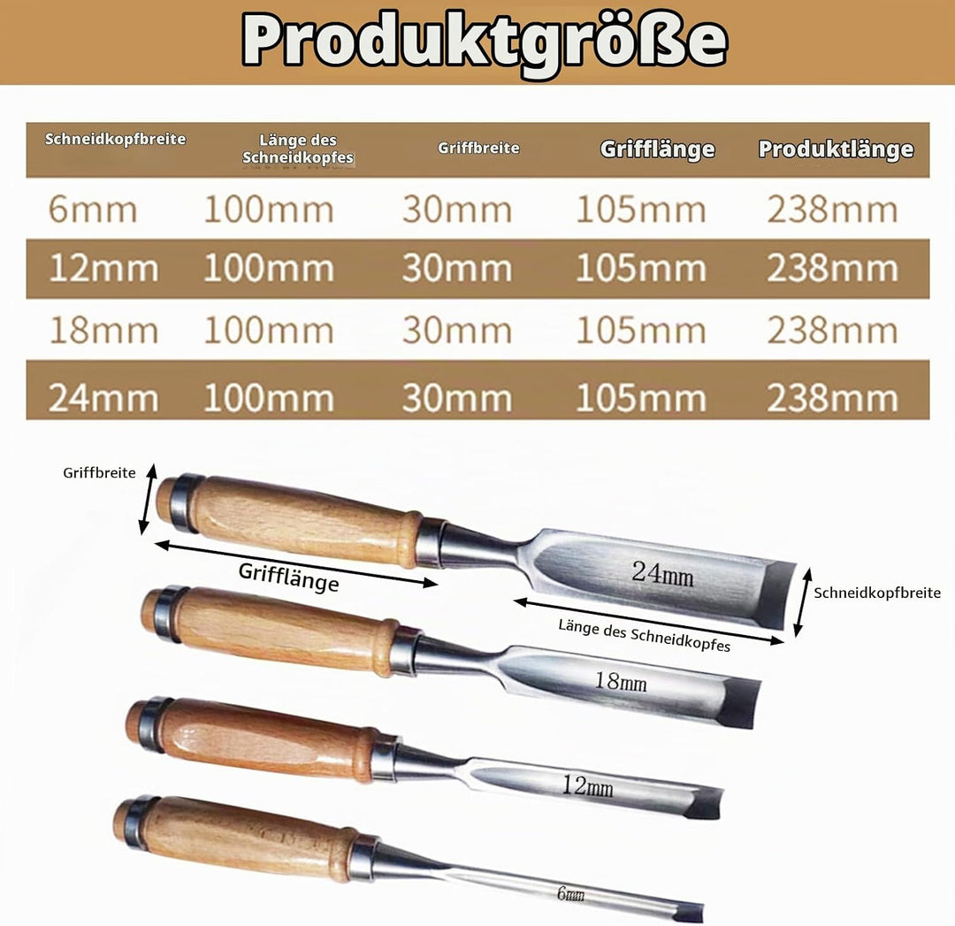 4 Stück Holz Meissel Set,Stechbeitel Rund Gebogen Hohlbeitel Set,CR-V Stahl halbkreisförmige Kante 8