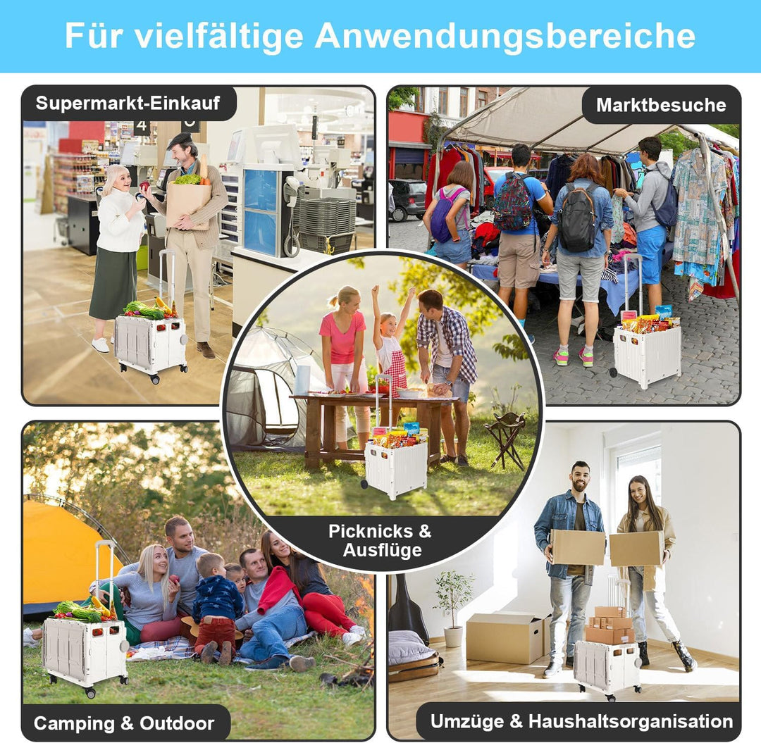 Einkaufstrolley Klappbar, mit neigbarer Teleskopgriff &amp; Deckel, 2 x Rollen, bis 35 kg, 45 Liter Kist