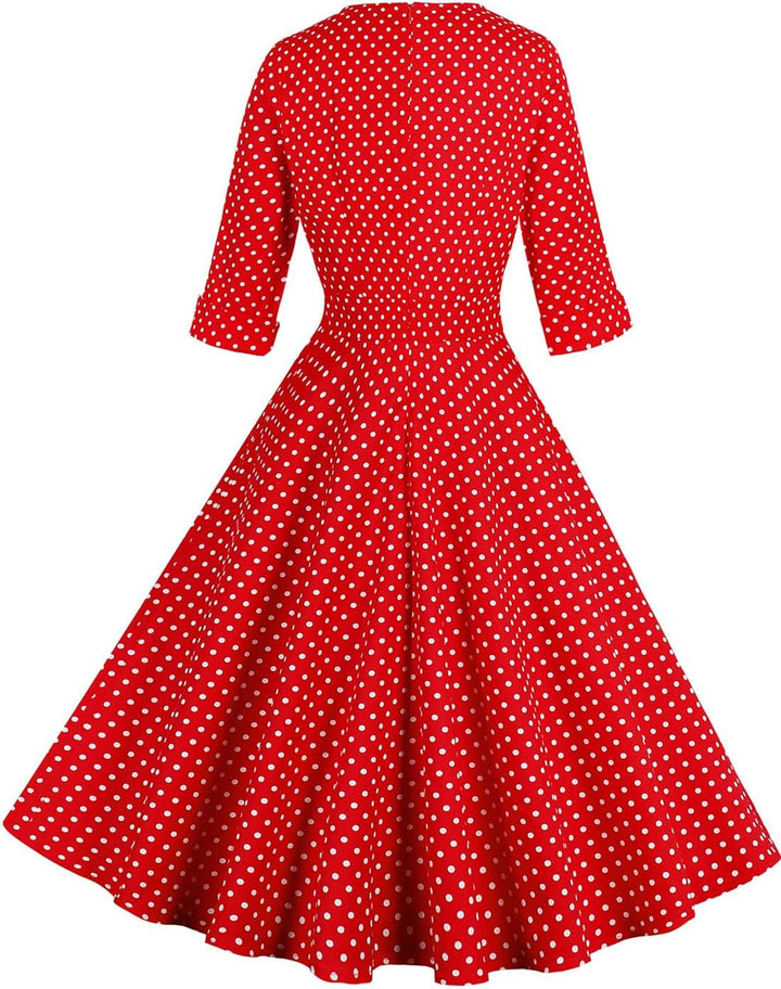 AXOE Damen 60er Jahre Kleid Cocktailkleid Abendkleid mit 3/4 Ärmel S Polka Dot Rot, S Polka Dot Rot