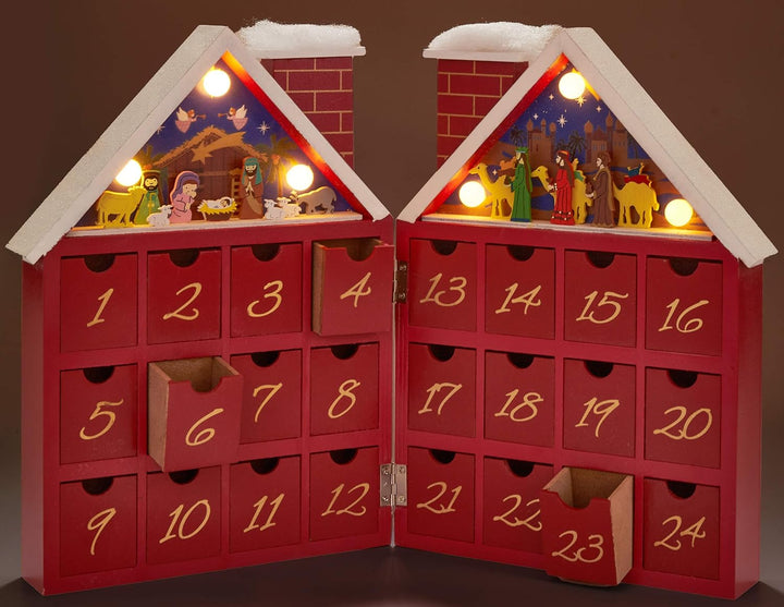 BRUBAKER Adventskalender aus Holz zum Befüllen - Rotes Weihnachtshaus mit Krippenspiel und LED-Beleu