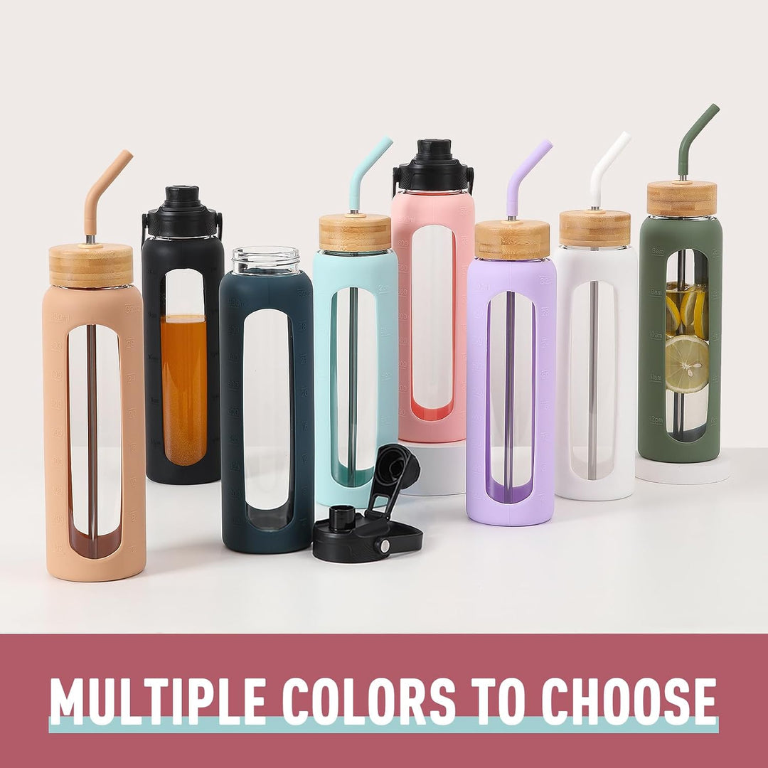 BLUEGO 900ml Glaswasserflasche mit Strohhalm und 2 Deckeln Kaffeetasse aus Glas mit Zeitmarkierung u