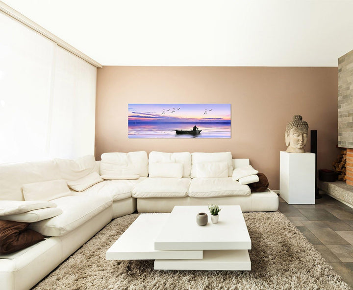 Paul Sinus Art Panoramabild auf Leinwand und Keilrahmen 150x50cm Meer Fischerboot Fischer Möwen Morg