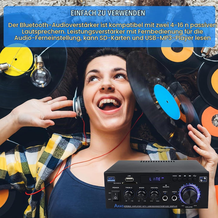 AK45 HiFi Verstärker Mini Stereo Bluetooth Radio Audio Verstärker Receiver, 12V/ 240V 2.0 Kanäle 40W