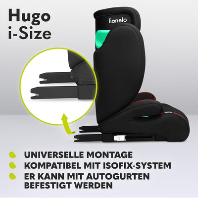 LIONELO HUGO I-SIZE Kinderautositz, Gruppe 2 3, von 100–150 cm, ISOFIX-Installation, verstellbare Ko