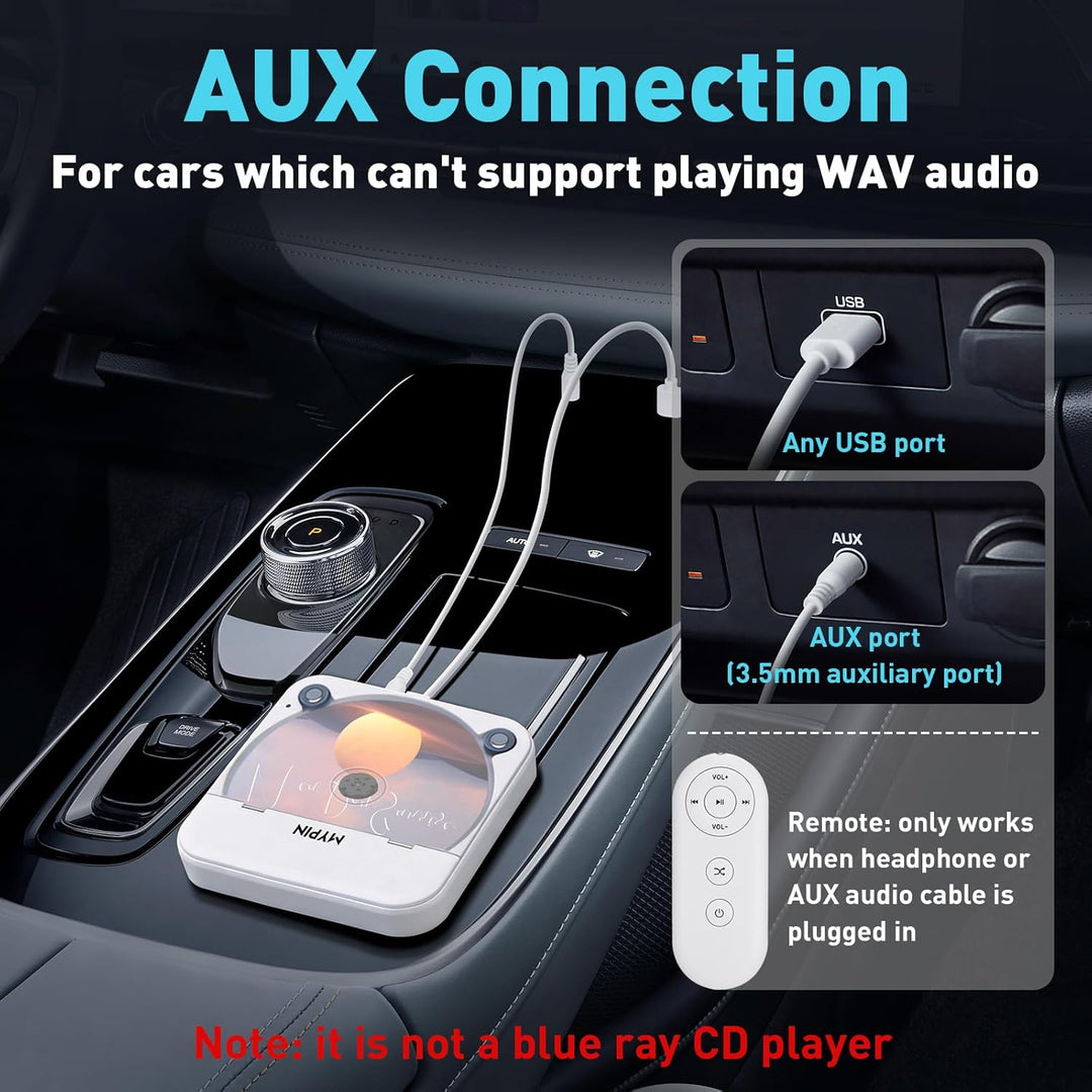 Tragbarer Auto-CD-Player mit USB-/AUX-Anschluss, MYPIN Externer CD-Player Kompatibel mit Autoradio,