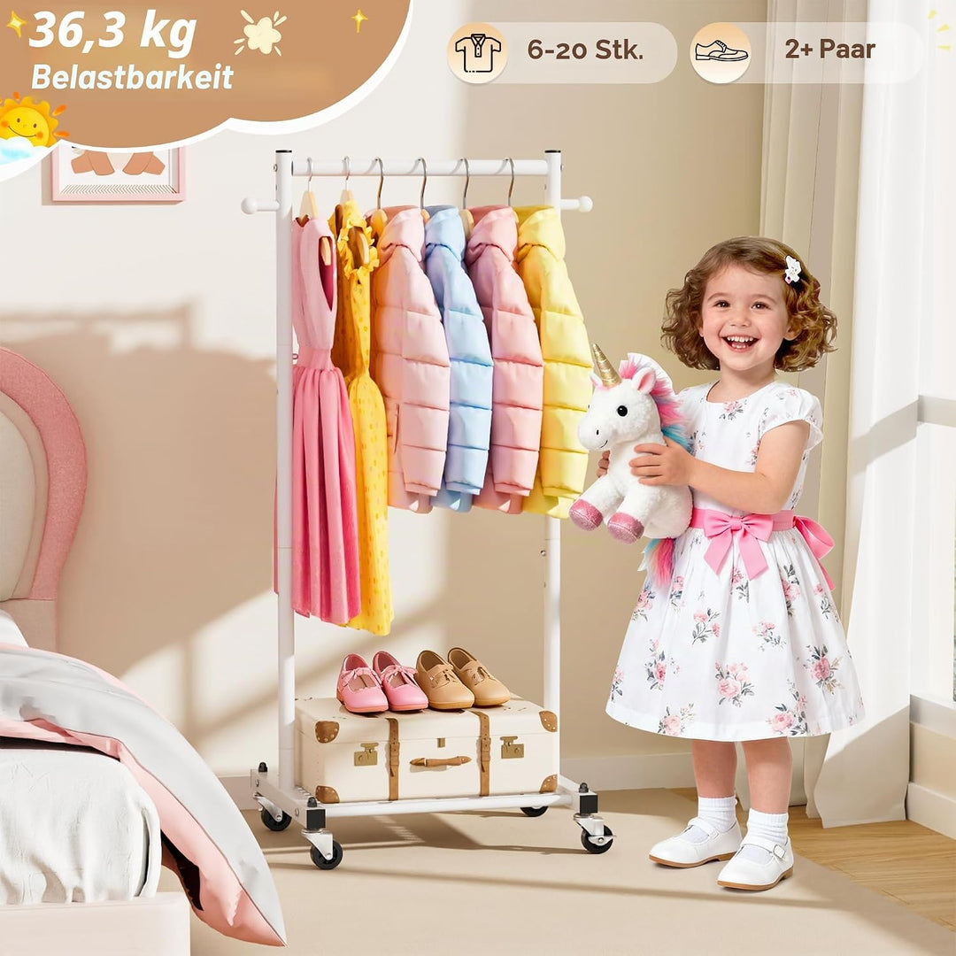MISSLO Kinder Kleiderständer auf Rollen, 114cm Stabil Klein Kleiderstange mit Ablage, Metall Schmal