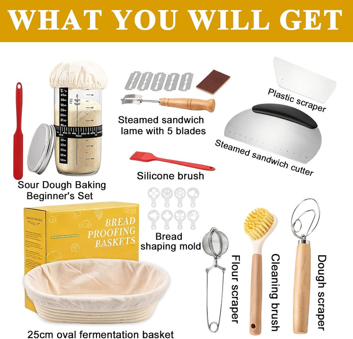 Sauerteig Starter Set: 11-teilig Gärkorb Brot Set mit 25cm Oval Gärkorb, Teigschaber, Leineneinsatz,