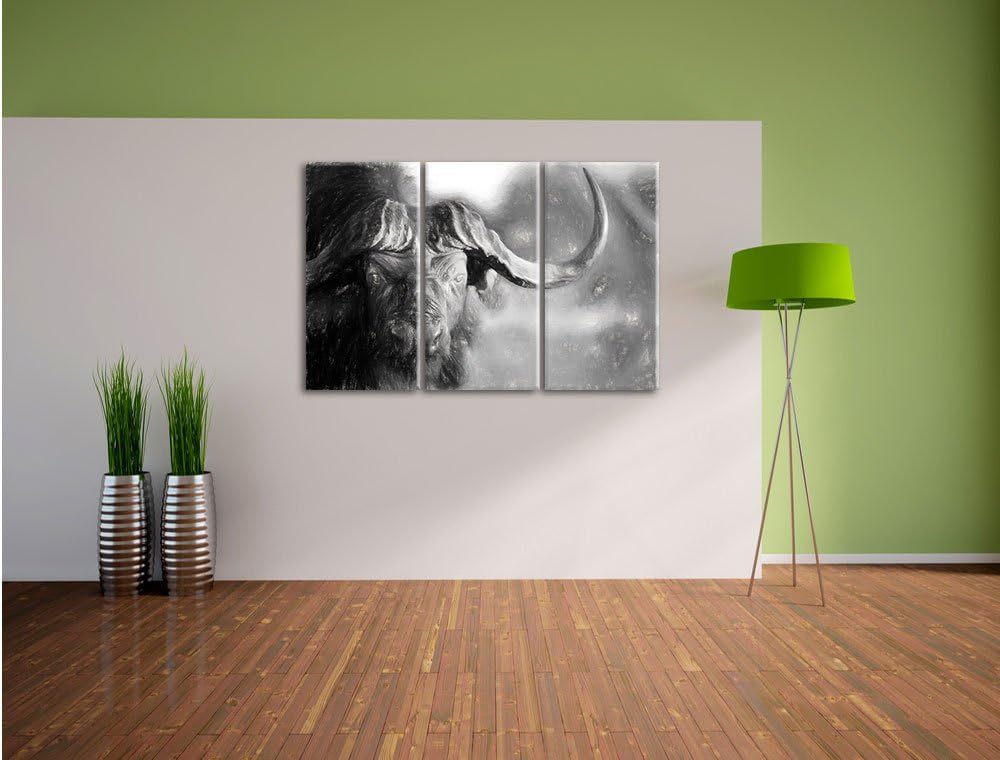 Pixxprint Kaffernbüffel mit kräftigen Hörnern Kunst Kohle Effekt 3-Teiler Leinwandbild 120x80 Bild a