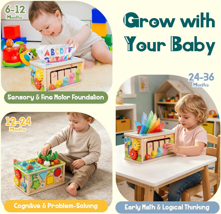 LZDMY Montessori Spielzeug Baby ab 6 Monate, 6-in-1 Tücherbox mit Knistertuch, Motorikwürfel Holzspi