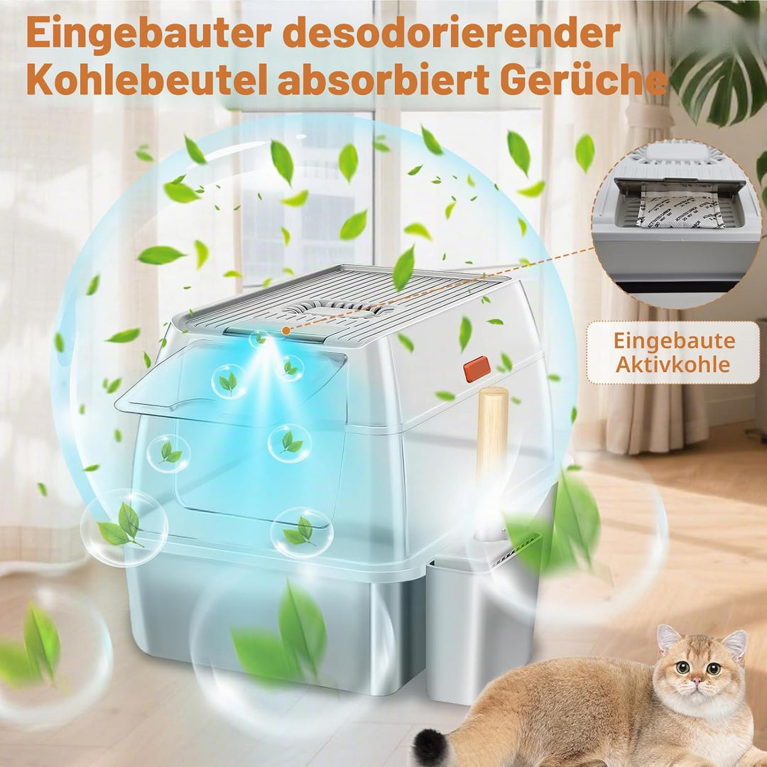 Edelstahl Katzenklo XXL 37L – Geschlossene Katzentoilette für grosse Katzen, mit 120° Klappdeckel, T