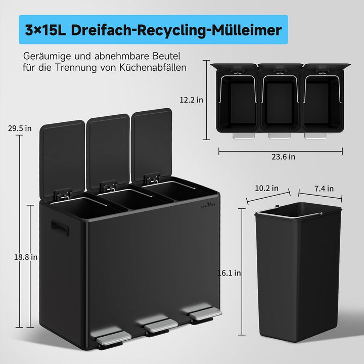mVm Mülleimer Küche,45 Liter Treteimer,3 x 15 Liter Treteimer, 3 Fächer, Mülltrennsystem, Abfalleime