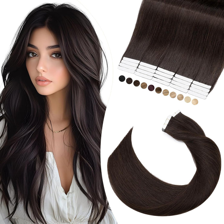 Elailite Echthaar Extensions Tape in 20 Stück #2 Dunkelbraun, Tape in Extensions Echthaar 30g/set, 6