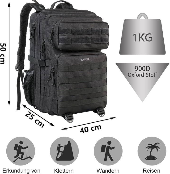 YOREPEK 50L Militär Rucksack Herren, Grosser Taktischer Rucksack Wasserdicht Wanderrucksack Herren O