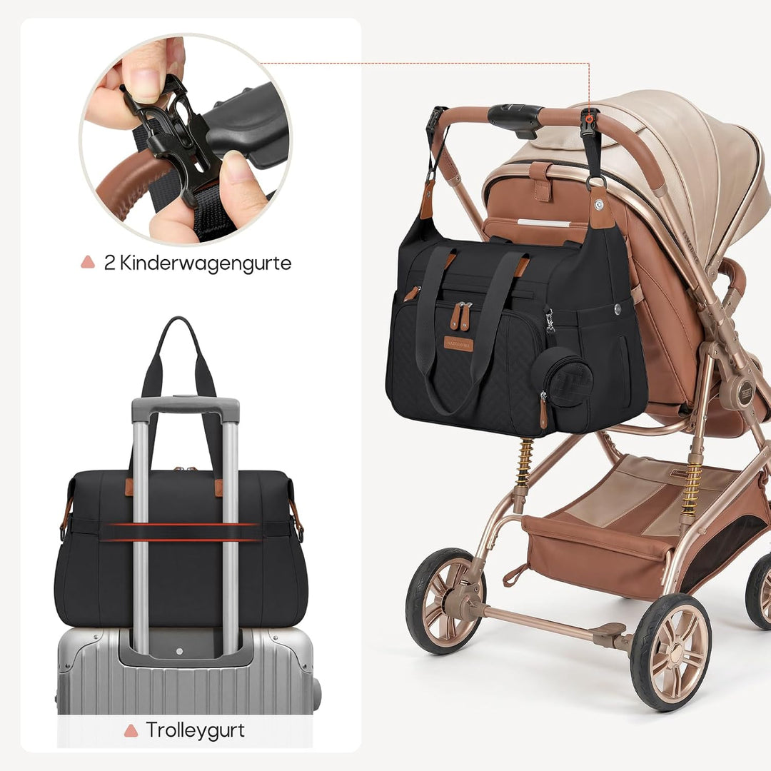 RAINSMORE Wickeltasche Kinderwagen mit Wickelunterlage und Schnullertasche Schwarz, Schwarz
