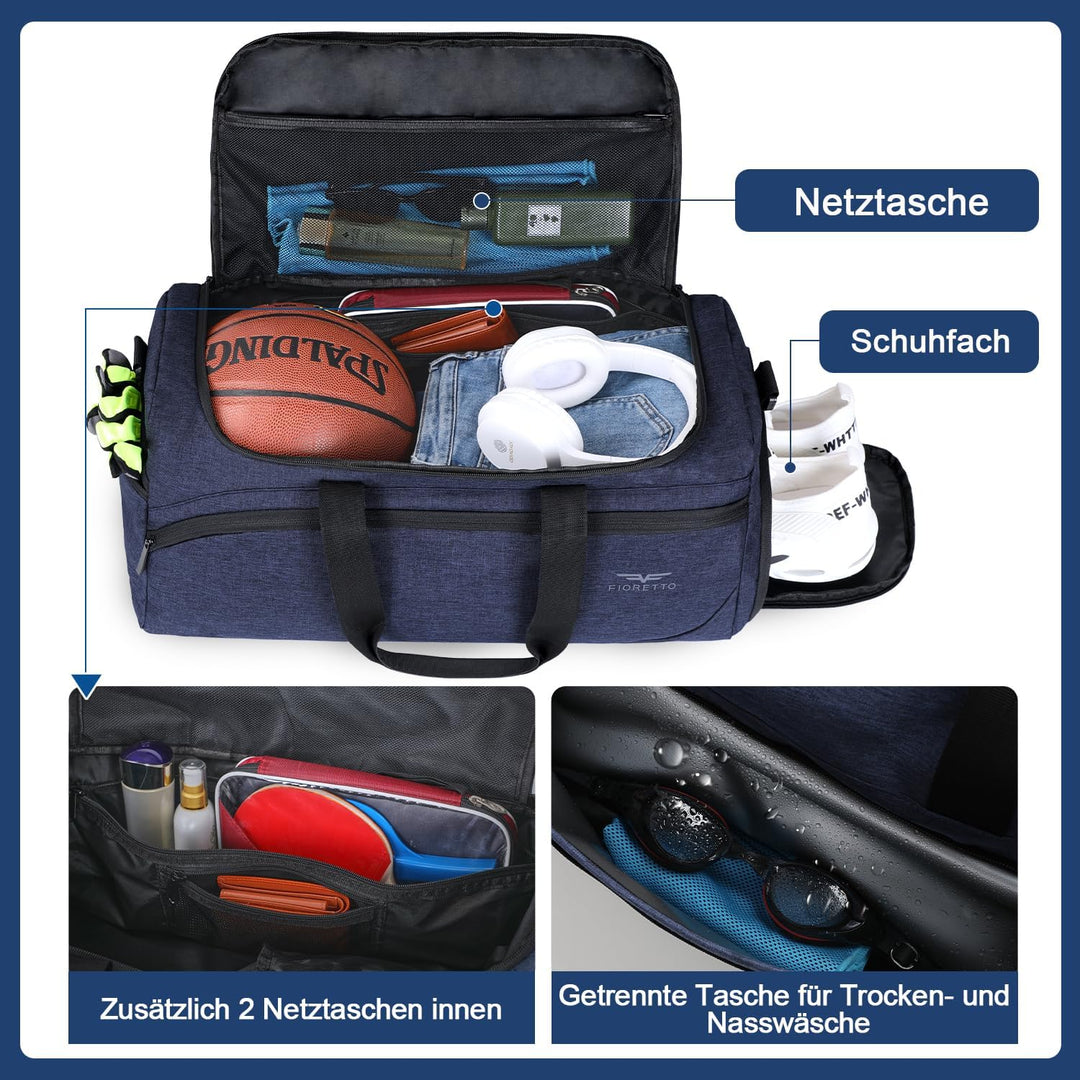 FIORETTO 35L Sporttasche &amp; Reisetasche für Damen und Herren, mit Schuhfach &amp; Nassfach, Wasserdicht T