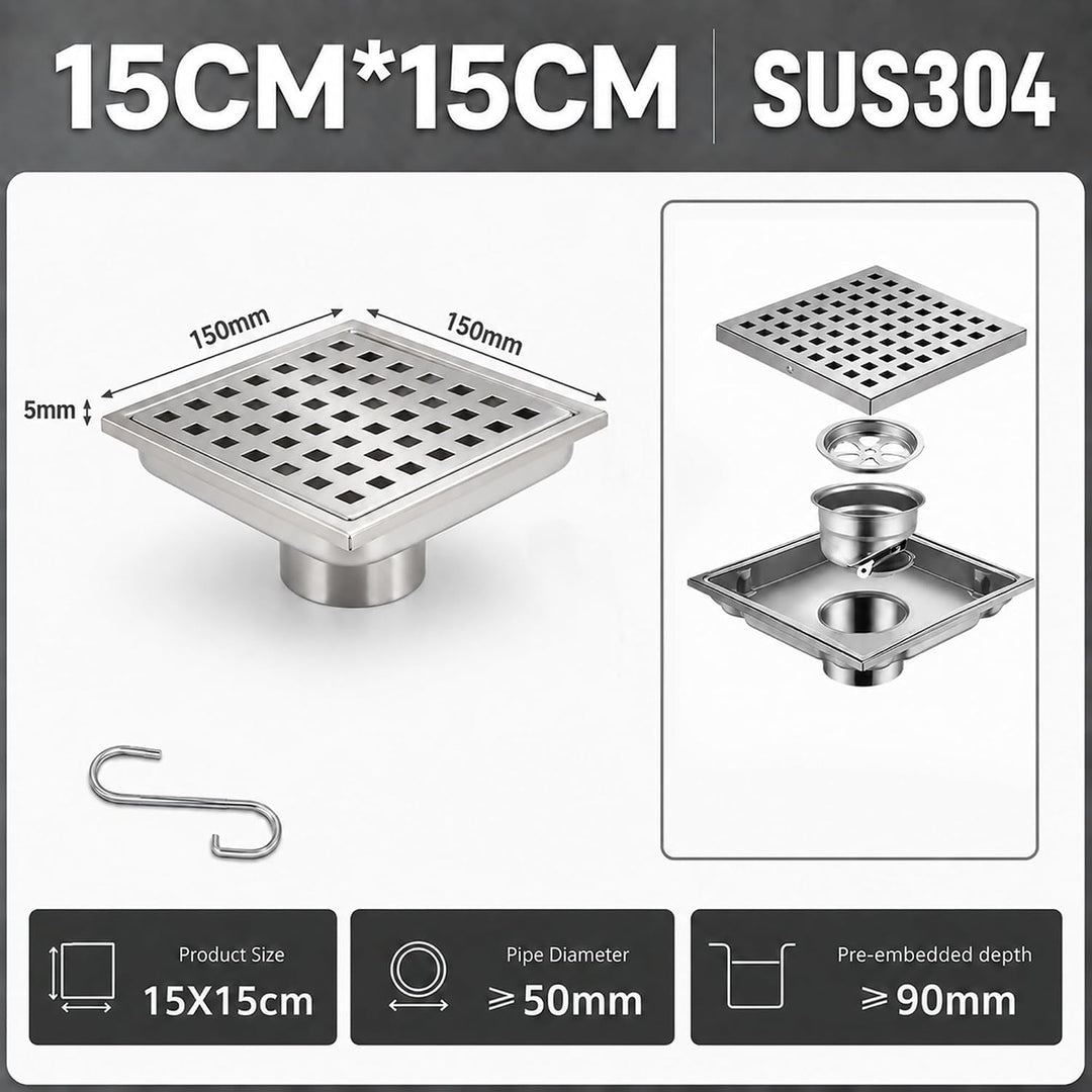 15x15CM Bodenablauf Duschrinne Quadratisch mit Geruchsstop | 2 in1 Befliesbar Ablaufrinne Duschablau