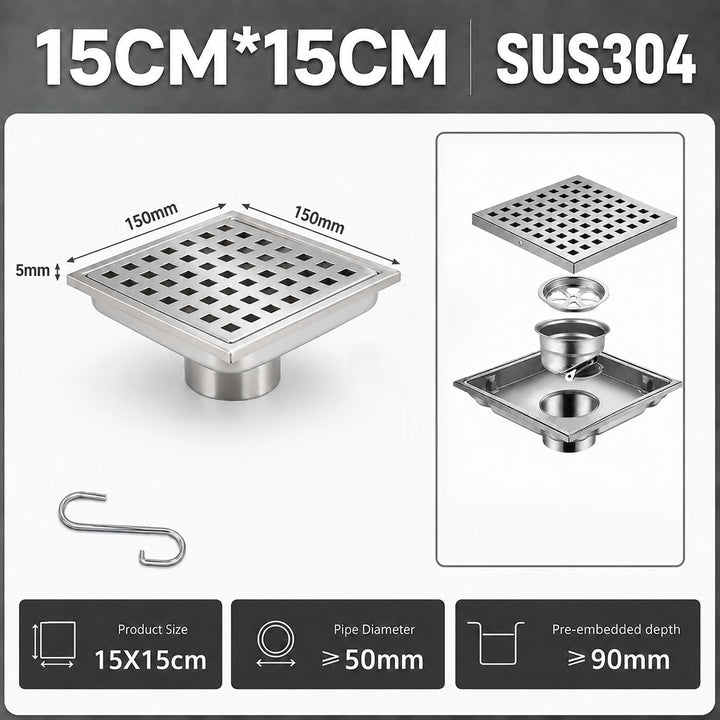 15x15CM Bodenablauf Duschrinne Quadratisch mit Geruchsstop | 2 in1 Befliesbar Ablaufrinne Duschablau