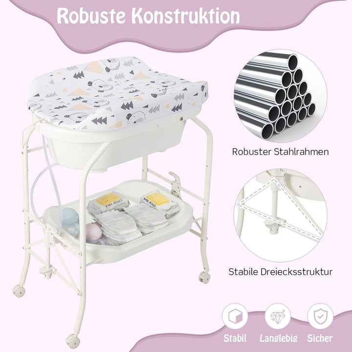 DREAMADE 2 in 1 Wickeltisch & Badewanne mit Gestell, Wickeltisch Klappbar, Wickelkommode auf Rollen