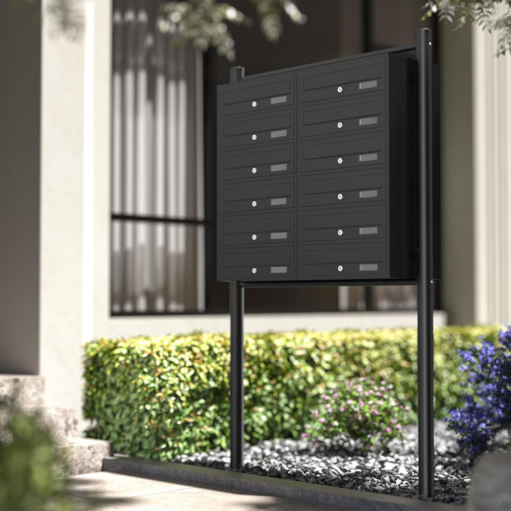Wiltec 12er Briefkastenanlage schwarz 945 x 270 x 1500 mm, Standbriefkasten mit 2x6 Fächern, Schlüss