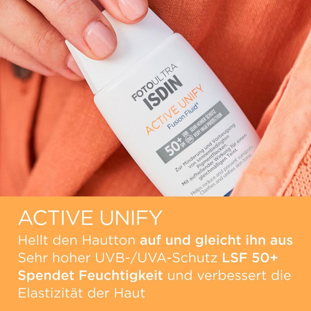 ISDIN FotoUltra Active Unify LSF 50+, Hellt auf und vereinheitlicht den Hautton, Sonnencreme mit dre