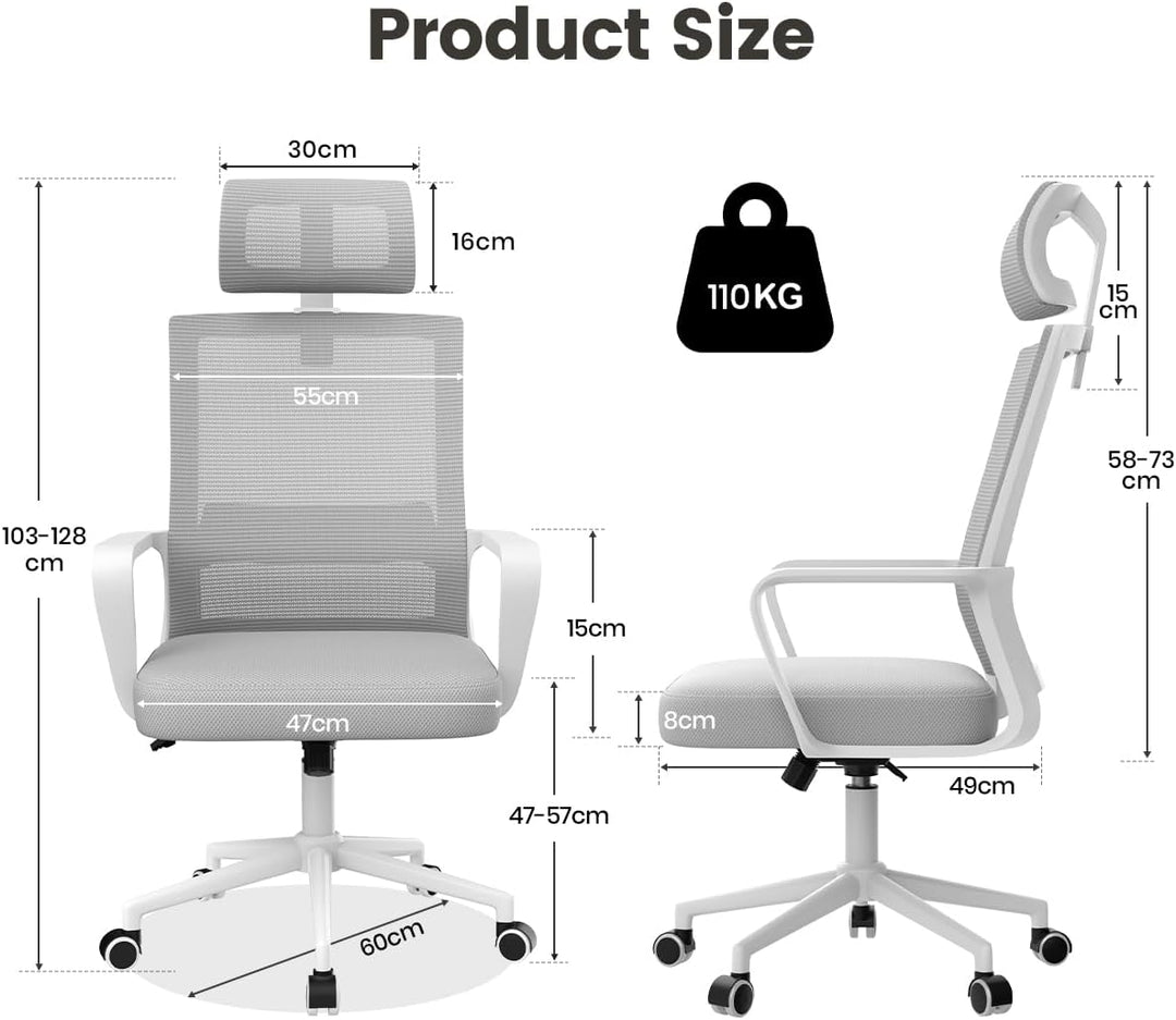 naspaluro Ergonomischer Bürostuhl, Schreibtischstuhl mit Verstellbarer Kopfstütze, Atmungsaktiver Ne