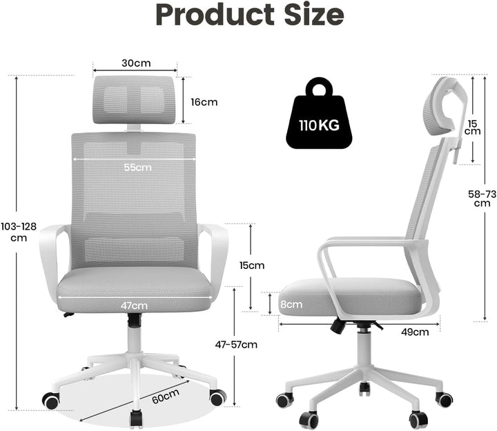 naspaluro Ergonomischer Bürostuhl, Schreibtischstuhl mit Verstellbarer Kopfstütze, Atmungsaktiver Ne