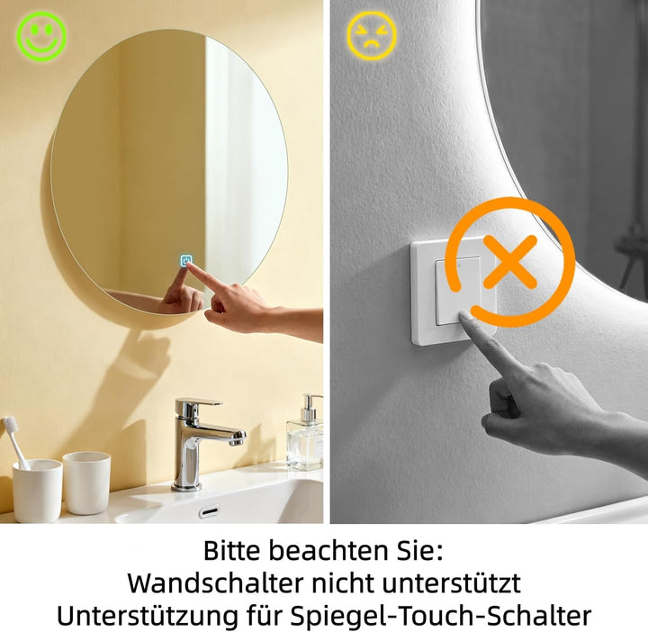 Rund Badezimmer Wandspiegel, Badspiegel Mit Beleuchtung, 50cm Spiegel mit LED Licht, Touch Schalter