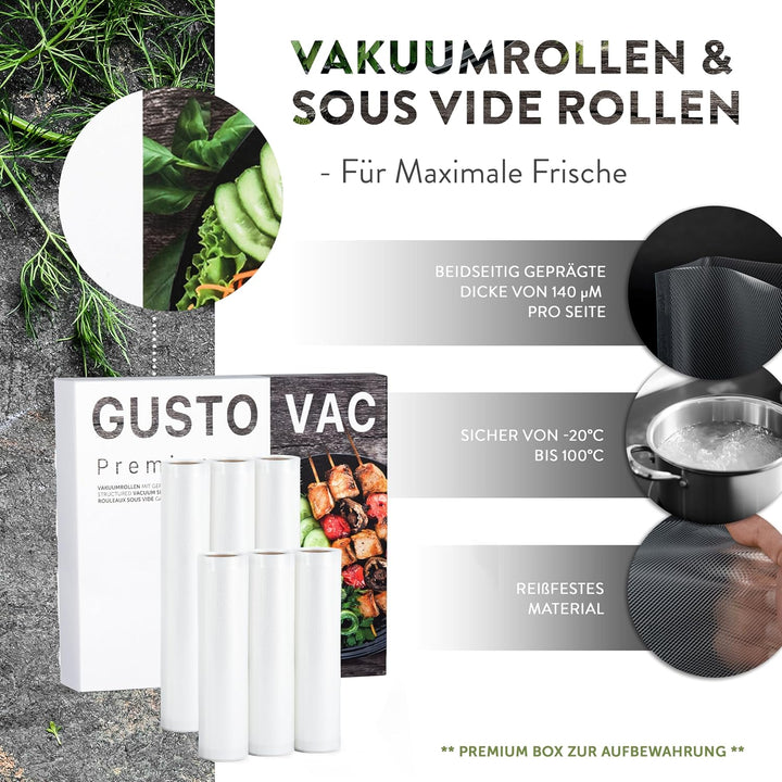 GustoVac Premium 6 Vakuumrollen, 3 Rollen 20x300cm & 3 Rollen 30x300cm Profi- Vakuumierbeutel für Va