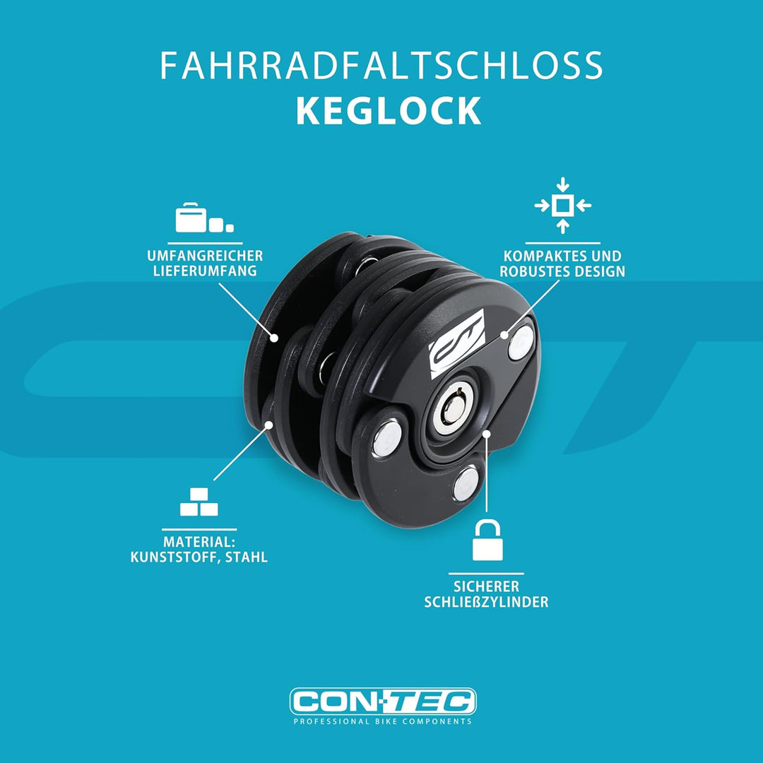 CONTEC Fahrrad Falt-Schloss KegLock, robuster Spezial-Stahl, 60 cm mit Halterung am Rahmen, Schlüsse