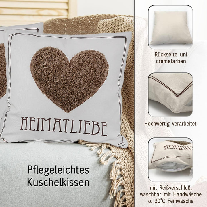 Sofakissen Dekokissen 45 x 45 cm Herz o. Hirsch Stoff Creme braun Farbe mit Herz 1 Stück, Mit Herz 1