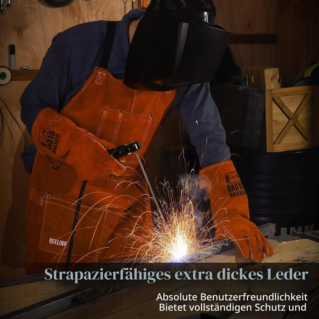 QeeLink Schweisserschürze Leder mit 6 Taschen, Lederschürze – Flammhemmende & Hitzebeständige Arbeit
