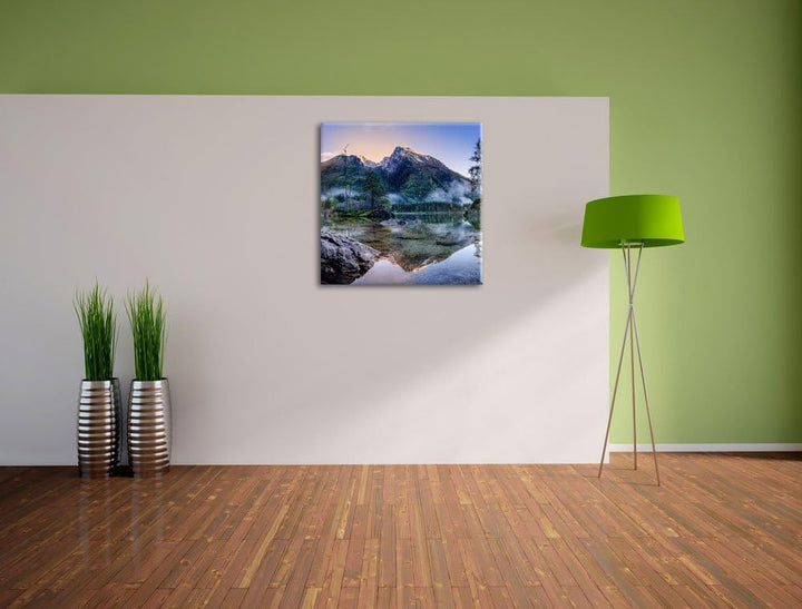 Sonnenaufgang am Hintersee, Format: 70x70 auf Leinwand, XXL riesige Bilder fertig gerahmt mit Keilra