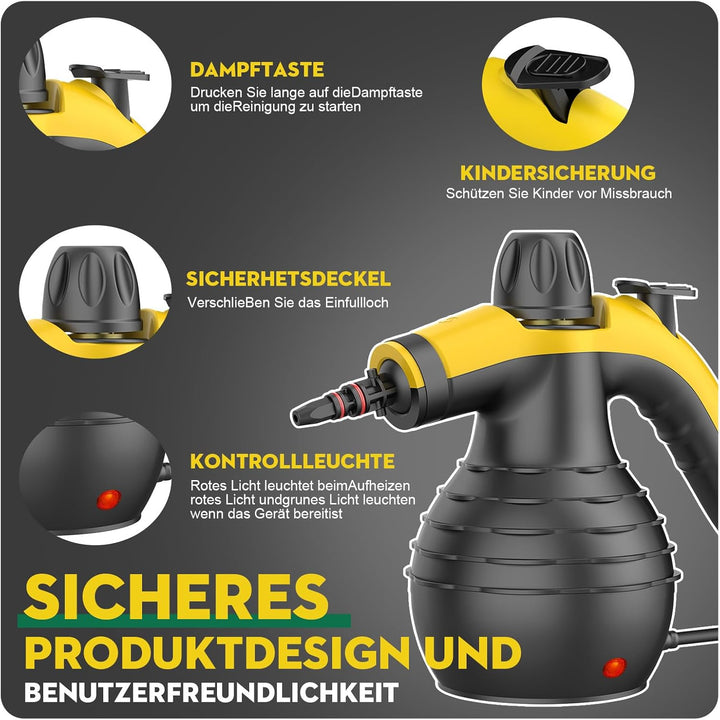 Dampfreiniger, 1050W Hochleistung Dampfreiniger Handgerät, Mit 9 speziellen Fleckenentfernungszubehö